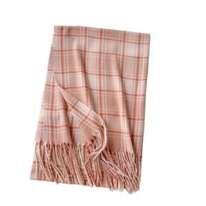 Plaid cashmere-like winter scarf in beige and orange with classic fringe details
