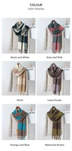 Detail of diverse checkered cashmere-like scarves with fringe in six soft color palettes