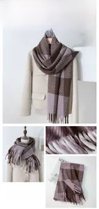 Detail of soft cashmere-feel plaid scarf with thick fringe edge and large check pattern