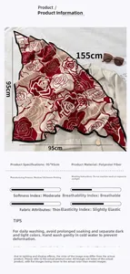 Detail of 95x95cm polyester scarf with red rose floral print on a beige suit