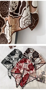 Detail showing vintage rose floral print on high-quality fabric scarves in three colors