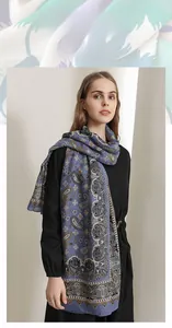 Detailed texture of cotton and linen scarf featuring a classic blue paisley pattern