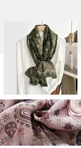 Close-up detail of paisley printed cotton linen scarf showing fabric texture and patterns