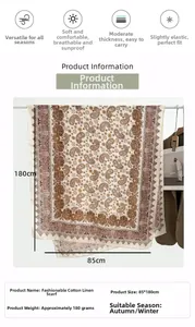 Detail view of cotton linen scarf with brown Paisley print and 85x180cm dimensions