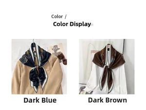 Detail view of printed long silk scarves in navy blue and brown with geometric chain patterns