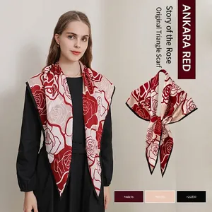 Vintage Rose Print Satin Triangle Scarf For Women Elegant Large Flower Shawl Wrap Fashion Commuter Accessories Headscarf