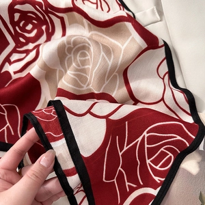 Elegant floral triangle shawl with vintage red rose print and delicate black borders
