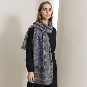 Elegant navy blue paisley cotton linen scarf for women, featuring intricate floral patterns