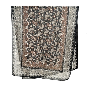 Elegant vintage paisley linen cotton scarf with decorative border on white background