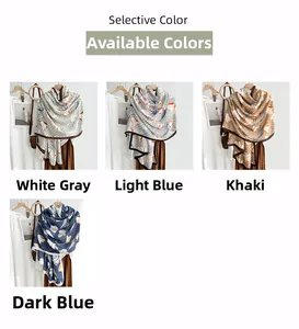 Detail view of printed floral scarves in white-grey, light blue, khaki, and navy blue options