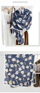 Detailed close-up of navy blue floral silk scarf with elegant tulip print and diamond texture