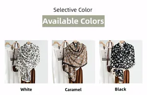 Three-color floral camellia scarves in white, caramel, and black with fine hemmed edges