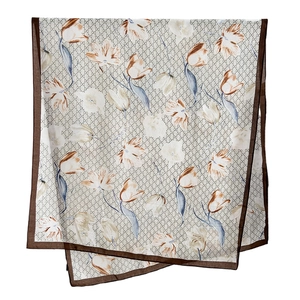 Elegant beige scarf with orange tulip pattern and classic brown geometric print border