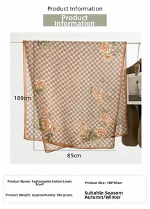 Detail of checkered linen scarf with orange floral prints and size specifications