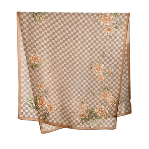 Elegant cotton linen scarf featuring classic checkered pattern and floral print accents