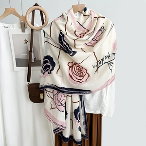 Women Elegant Camellia Rose Print Scarf Sun Protection Shawl Large Floral Pattern Soft Polyester Scarf Daily Beach Wrap