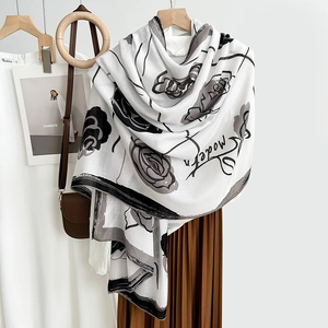 White camellia flower print cotton linen shawl scarf with modern lettering design