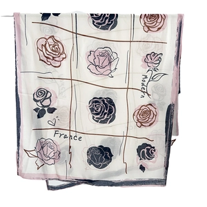 Women camellia flower scarf with modern France print and elegant check pattern shawl