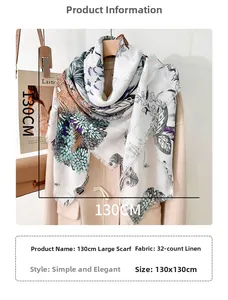 Détail d'un foulard floral tropical 130x130cm avec bords effilochés sur manteau beige