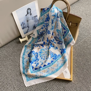 Elegant Vintage Floral Print Satin Square Scarf For Women Silk Like Professional Neck Scarf Fashionable Hair Wrap