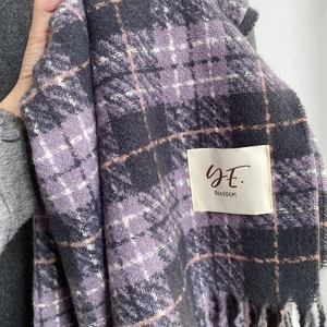 Purple and grey plaid oversized cashmere-feel scarf with tassels and brand label detail