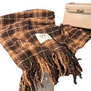 Classic orange and brown plaid cashmere-feel scarf with fringes for winter warmth