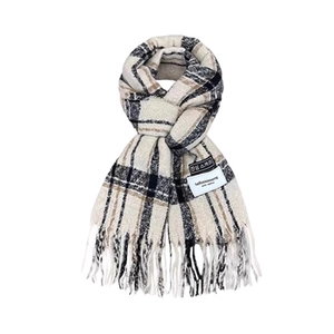 Classic plaid tassel scarf in beige, black, and dark grey for women's winter warmth