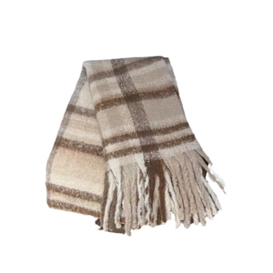 Classic beige and coffee plaid mohair scarf with long tassels for winter warmth