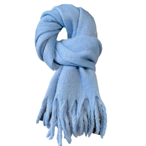 Thick light blue warm scarf for women with soft knit texture and long tassels