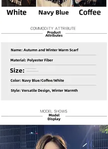 Detail view of winter plaid scarf texture showing polyester fiber material and navy blue color