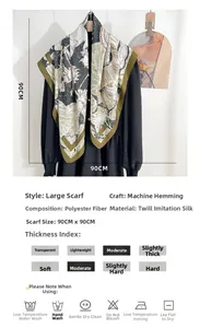 Detail view of 90cm square silk-like scarf with artistic marble pattern and machine hem edge
