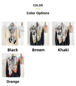 Detail view of four elegant silk scarves in black, brown, khaki and orange with complex prints