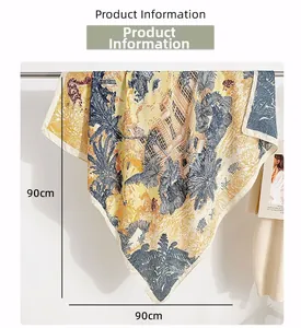 Detail view of 90cm square silk scarf with vintage tropical palm and architecture patterns