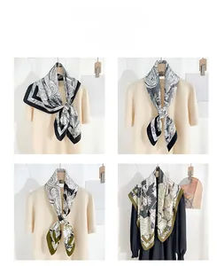 Detail display of four luxury printed silk scarves in black, green, and abstract patterns
