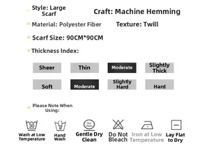 Detail guide showing 90x90cm polyester scarf specifications and fabric care instructions