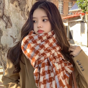 Plaid tassel scarf for women in brown and blue colors with warm faux cashmere texture