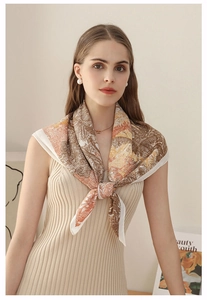 Elegant floral silk scarf in earth tones with herringbone pattern for professional wear