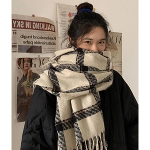 Écharpe Plaid Hiver Femme Épaisse Chaude Aspect Cachemire à Carreaux avec Glands Grand Châle Enveloppant Style Coréen