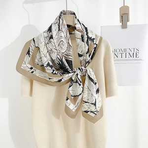 Elegant faux silk square scarf with abstract brown print on beige short sleeve knitwear
