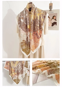 Detail view of silk feel square scarf featuring vintage botanical and palm leaf prints