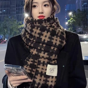 Black and brown checkerboard knit scarf for women, thick cashmere-like winter shawl wrap