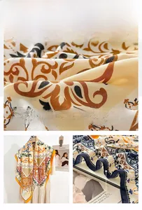Macro detail of bohemian vintage printed scarf featuring herringbone weave and fine stitching