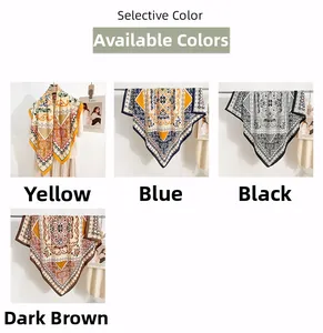 Detailed selection of bohemian vintage print square scarves in four elegant color options