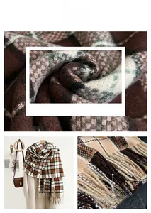Macro shot of plaid woven fabric texture and tassel detail on autumn winter scarf