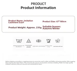 Detailed size chart and washing instructions for the 67x180cm cashmere feel scarf