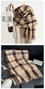 Detailed view of the plaid winter scarf showing soft cashmere-like texture and fringed edges