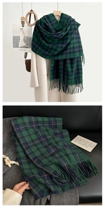 Close-up of British style checkered scarf with dark green and navy tassel details