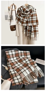Detail of vintage plaid scarf with soft fringe edges and thick woven cashmere-like texture