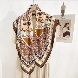 Bohemian retro printed square scarf with baroque patterns in brown and beige tones