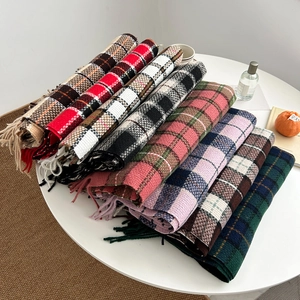 Vintage Plaid Tassel Scarf For Women Imitation Cashmere Soft Warm Winter Shawl Wrap Large Checkered Scarf Korean Style